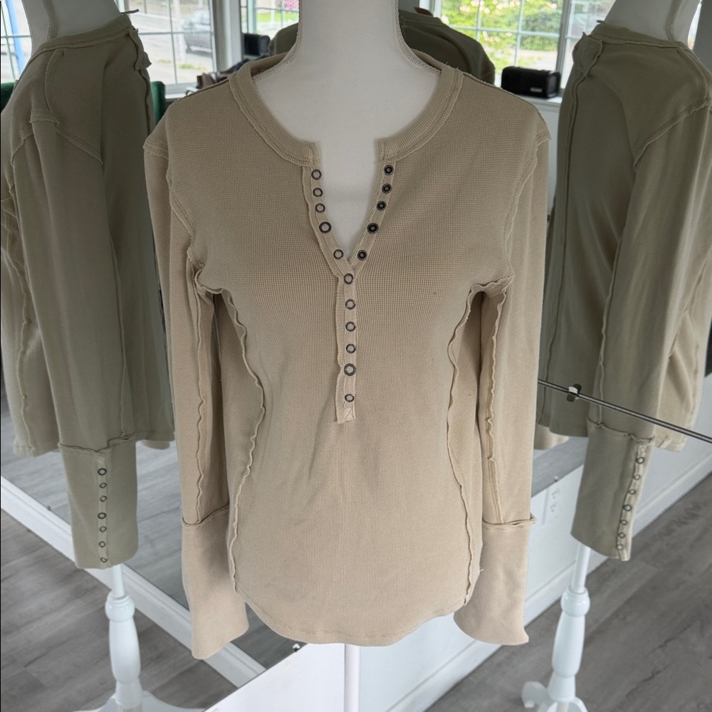 Free People Beige Long-Sleeve Henley with Eyelet Placket